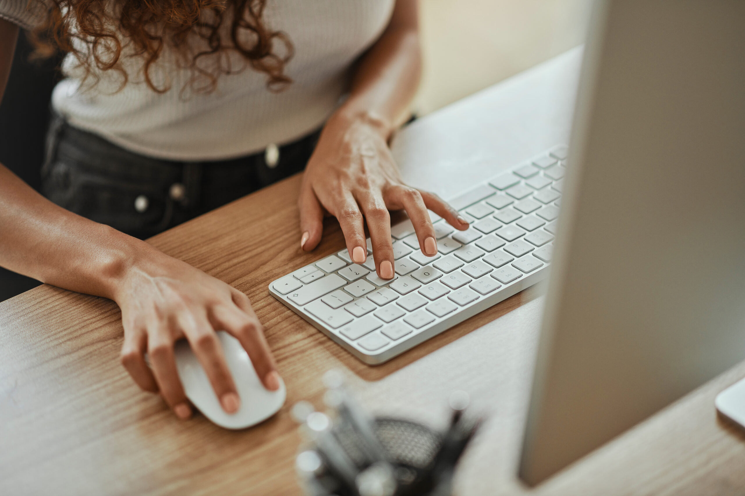 Business woman hands, computer mouse and keyboard typing email, online internet search and digital marketing at office table Closeup research worker at desktop pc, technology and website connection